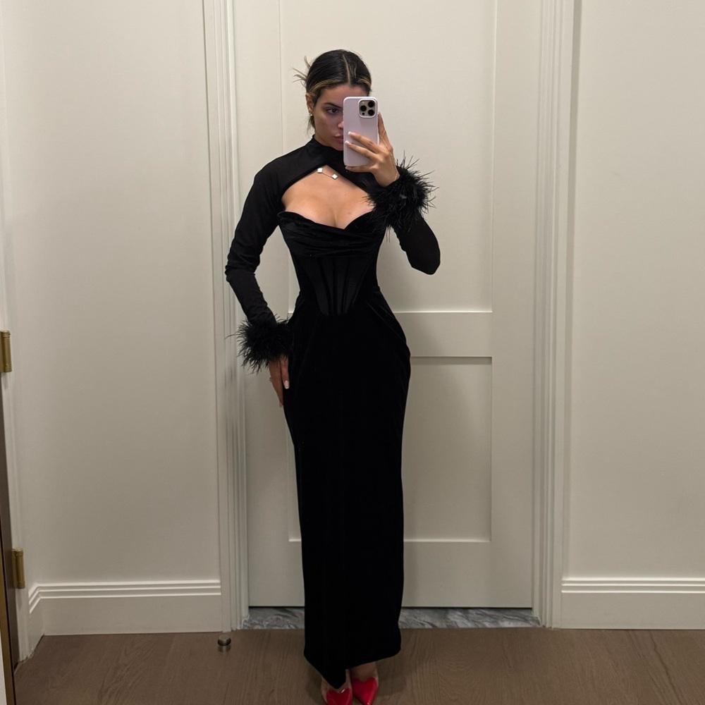 Black Bodycon Dress with Bishop Sleeves and Mock Neck